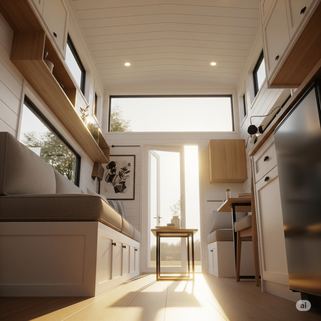 A sunlit tiny home interior showcasing clever space optimization and a large window.