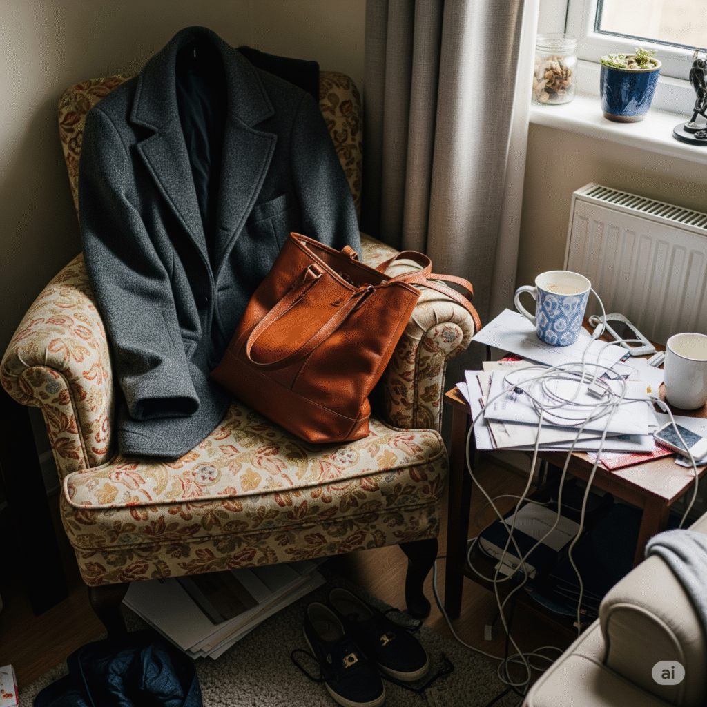 A cluttered living room corner representing the need for home decluttering.