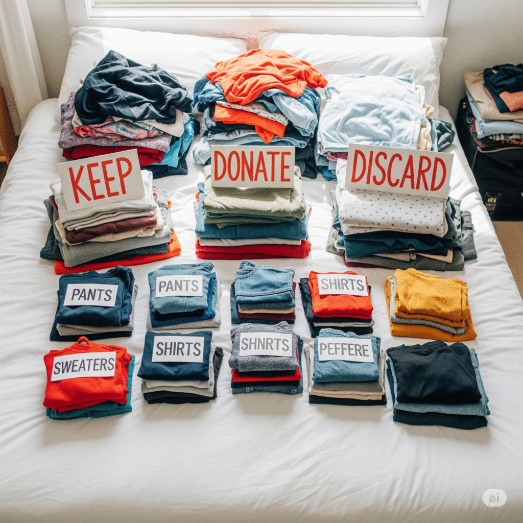 Clothes being sorted into keep, donate, and discard piles on a bed.