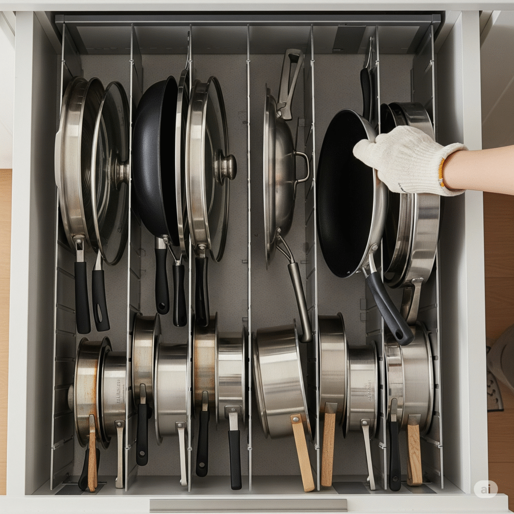 A deep kitchen drawer with vertical dividers for organizing pots, pans, and lids.