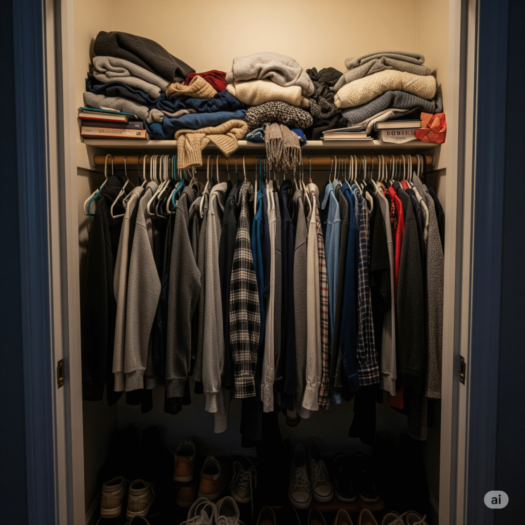 A cluttered and disorganized small bedroom closet before organization.