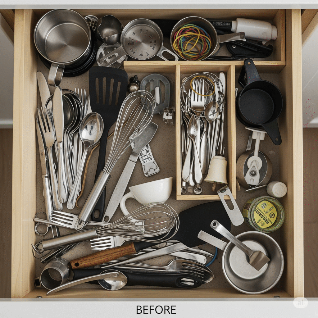 A messy and disorganized kitchen drawer before being organized.