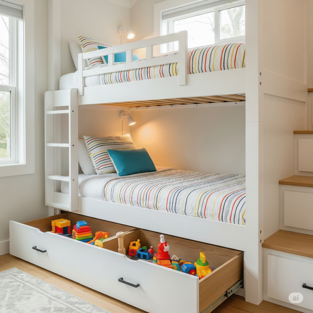 A compact bunk bed nook designed for a family-friendly 400 sq ft tiny house.