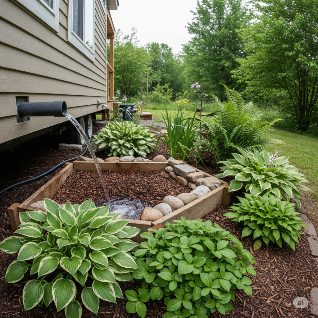 A greywater recycling system watering a garden next to a tiny home.