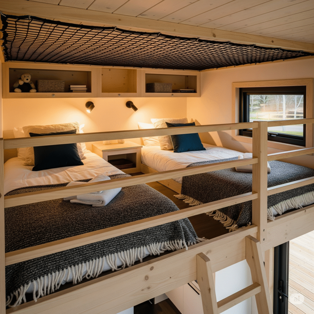 A safe and cozy kids' sleeping loft in a family tiny house with safety netting.