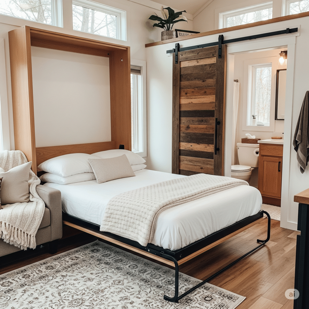 A ground-floor bedroom in a 400 sq ft tiny house featuring a Murphy bed.