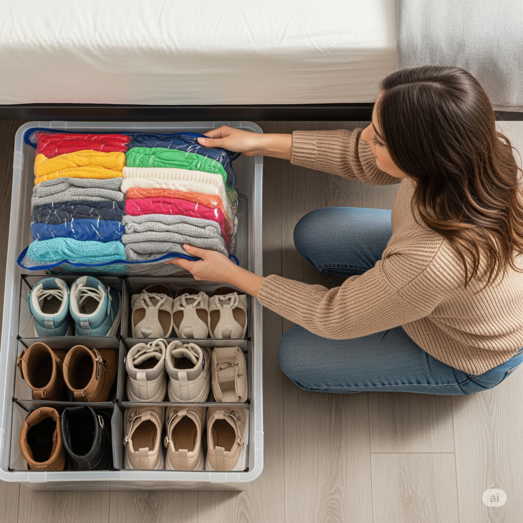 A person organizing an under-bed bin with vacuum-sealed bags and shoe dividers.