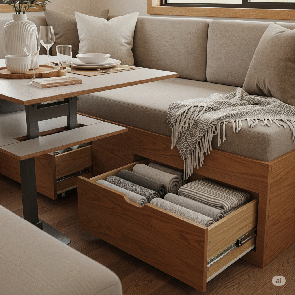 A multi-functional living area in a tiny home featuring a sofa with storage drawers and a convertible table.