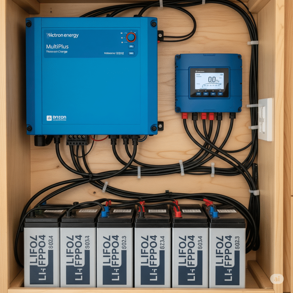 A neatly organized off-grid solar power system with an inverter, charge controller, and batteries.