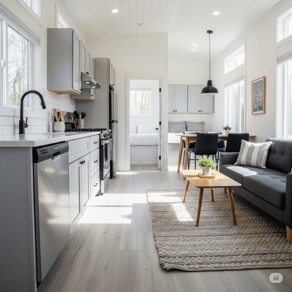 The bright and airy open-concept interior of a 400 sq ft tiny house.