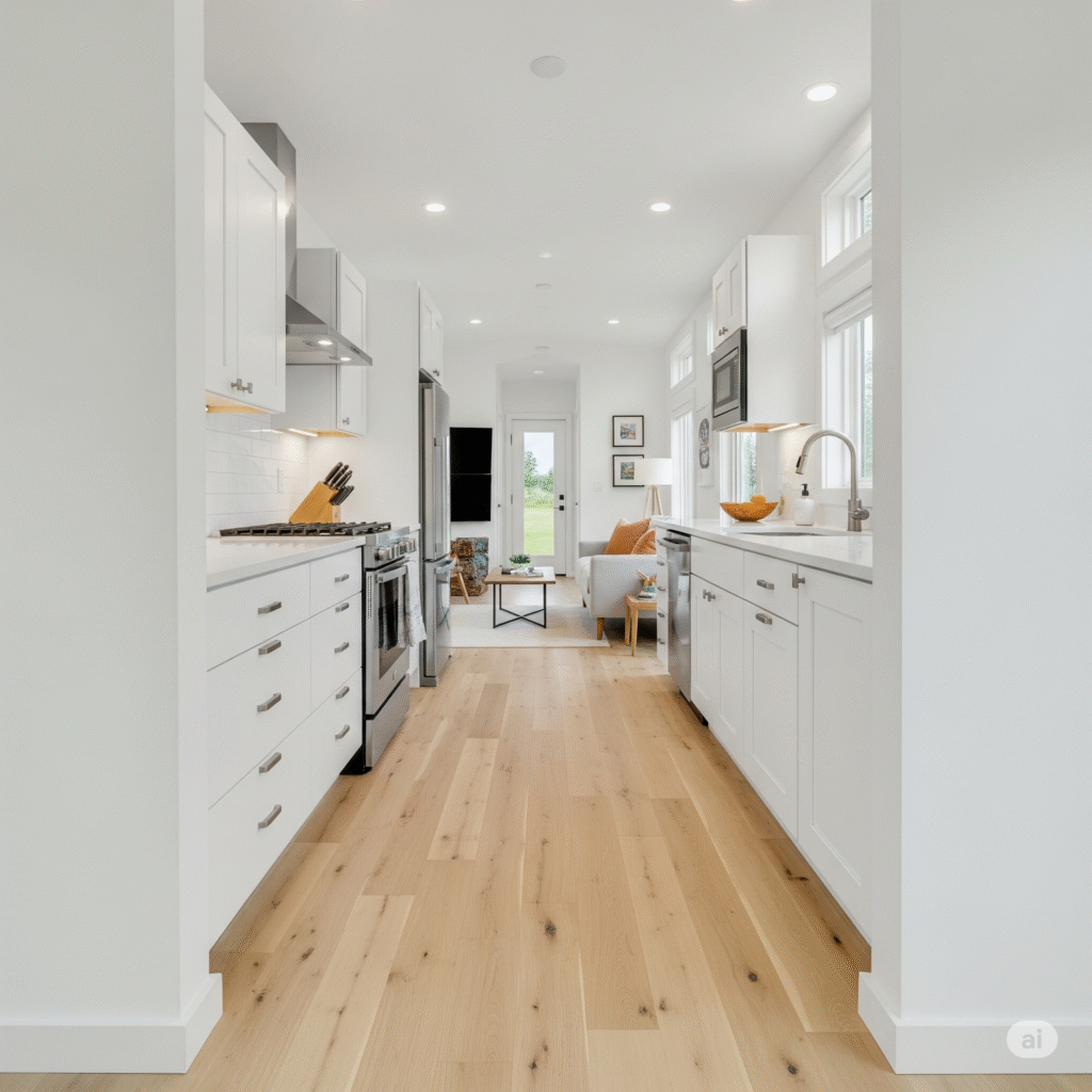 An open-plan tiny home layout with a long sightline from the kitchen to the living area.