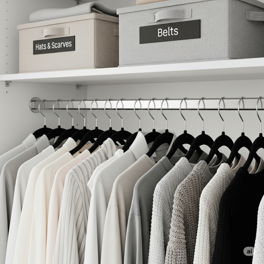 A perfectly organized closet rod with uniform slim velvet hangers and labeled bins.