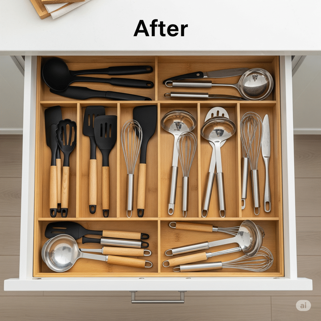 A neatly organized kitchen utensil drawer with bamboo dividers.
