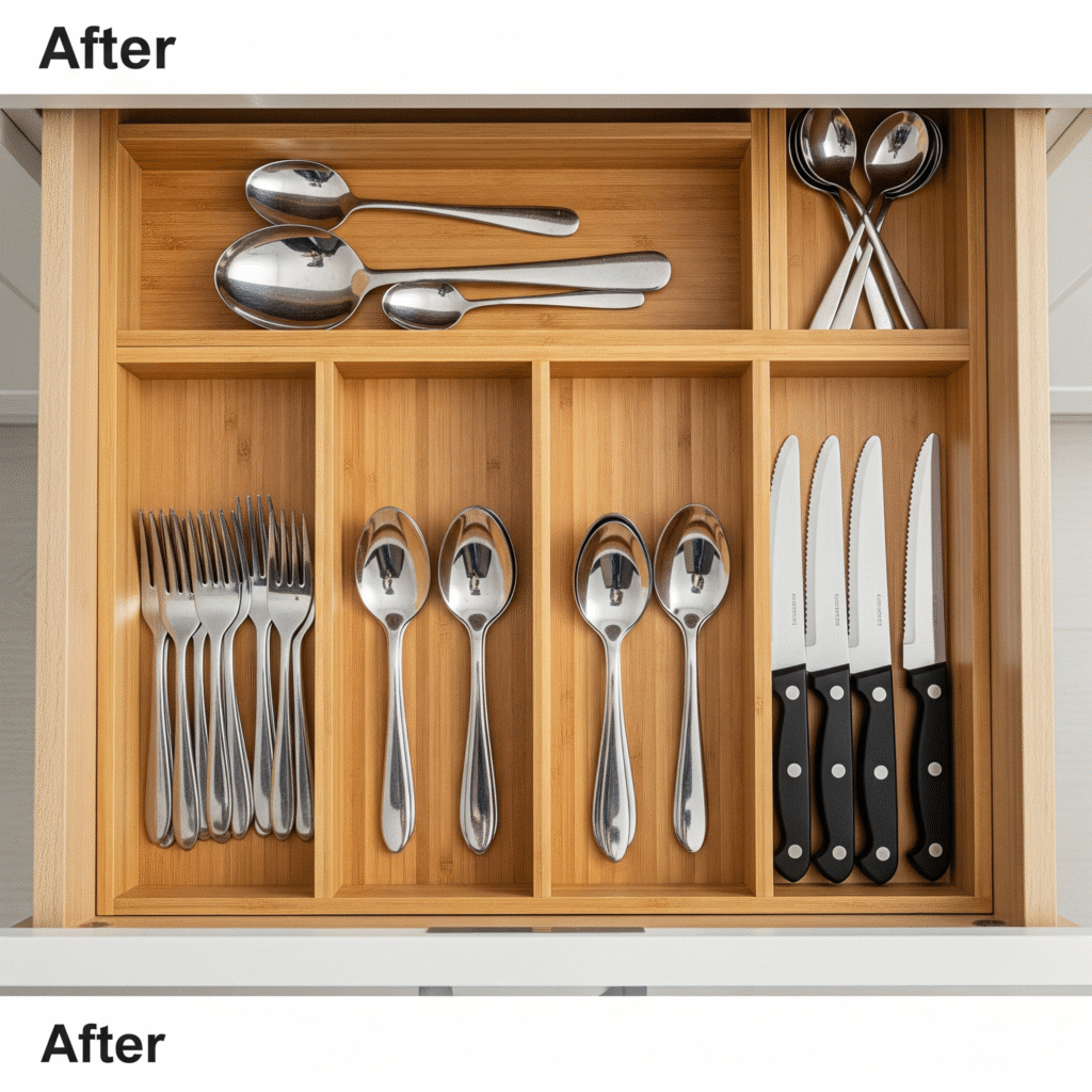 A perfectly organized kitchen utensil drawer with bamboo dividers.
