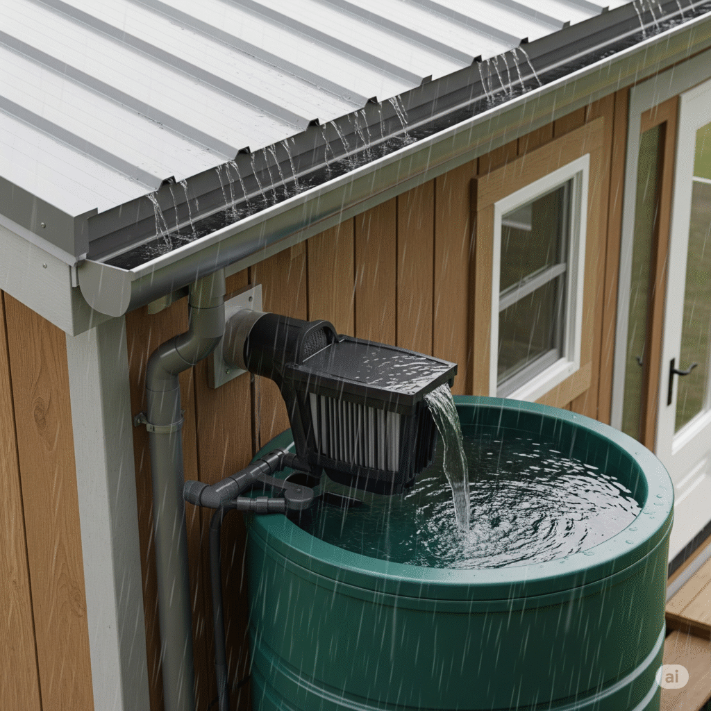 A rainwater harvesting system collecting water from a roof into a large cistern.