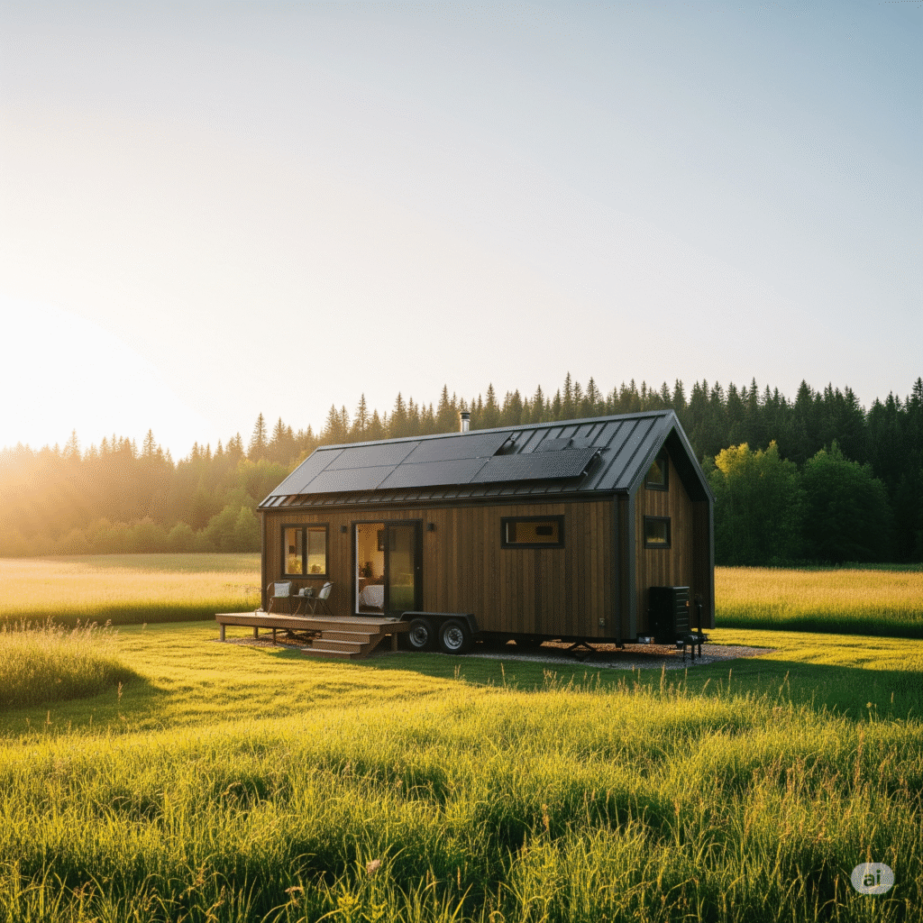 A modern off-grid tiny home with solar panels in a meadow at sunset