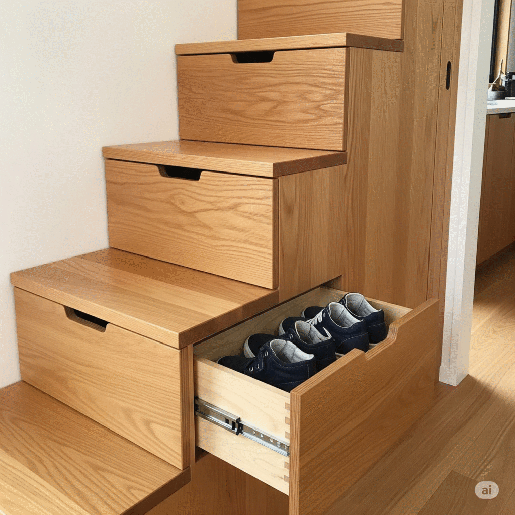 A tiny house staircase with integrated storage drawers built into the risers.