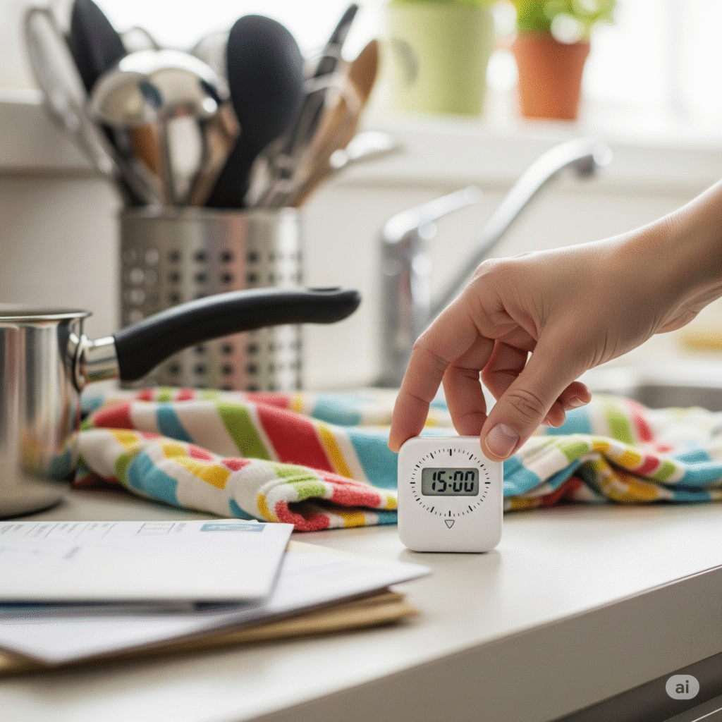 A person setting a 15-minute timer on a cluttered counter to start decluttering.
