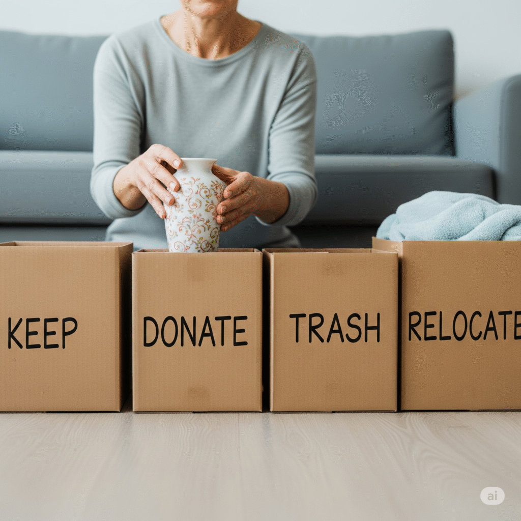 Four labeled boxes for sorting items during a home decluttering session.