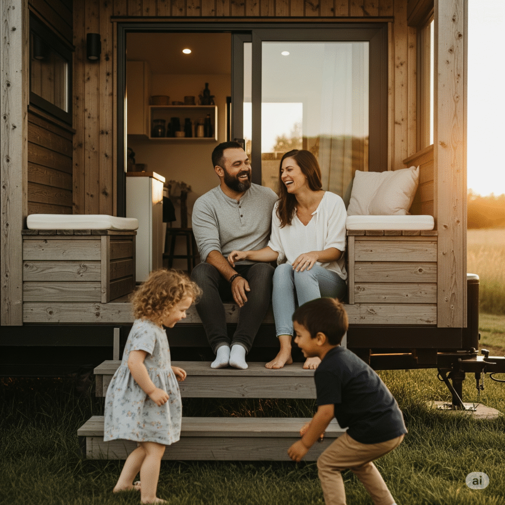 A happy family laughing outside their beautiful tiny house.