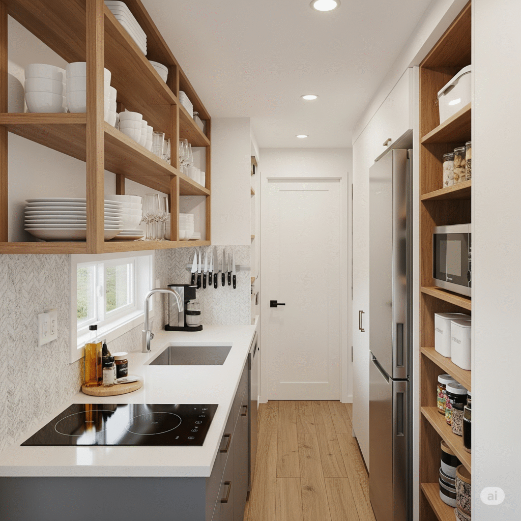 A compact and efficient galley kitchen in a tiny home with vertical storage solutions.