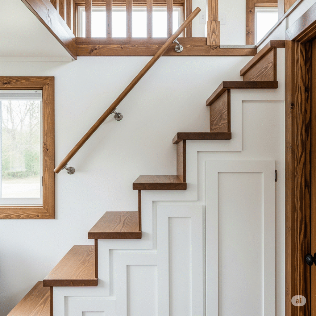 A safe staircase with a handrail provides access to a loft in a family tiny house.