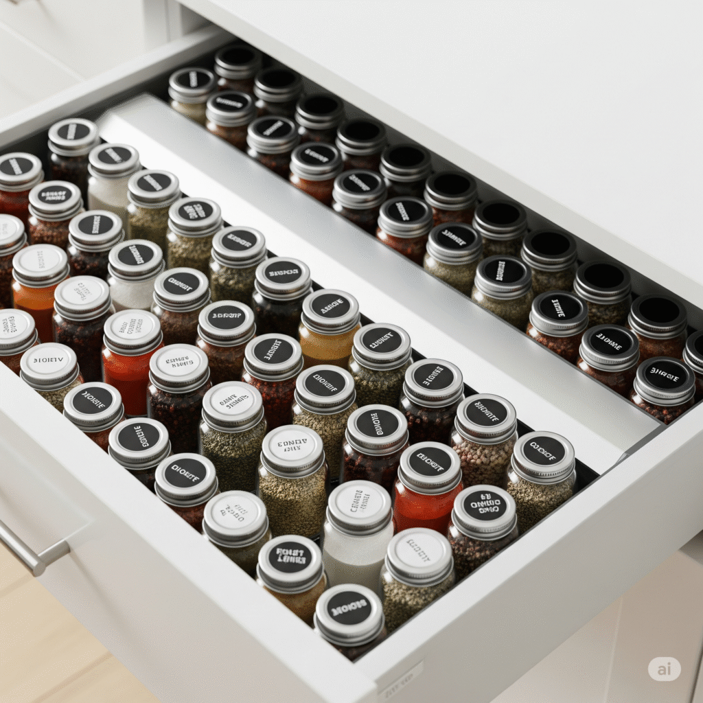 An organized kitchen drawer with a spice rack insert holding labeled spice jars.