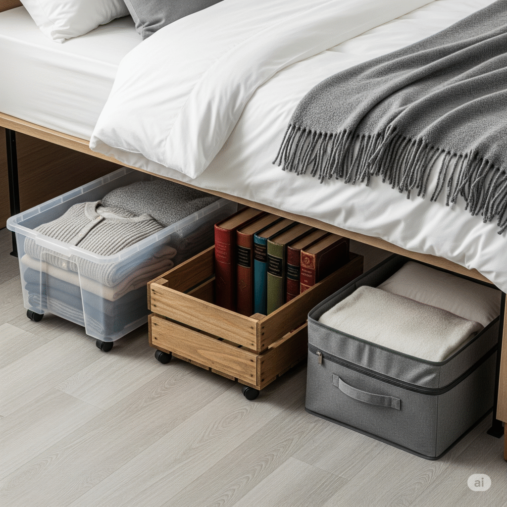 A variety of under-bed storage containers, including plastic, wood, and fabric bins.