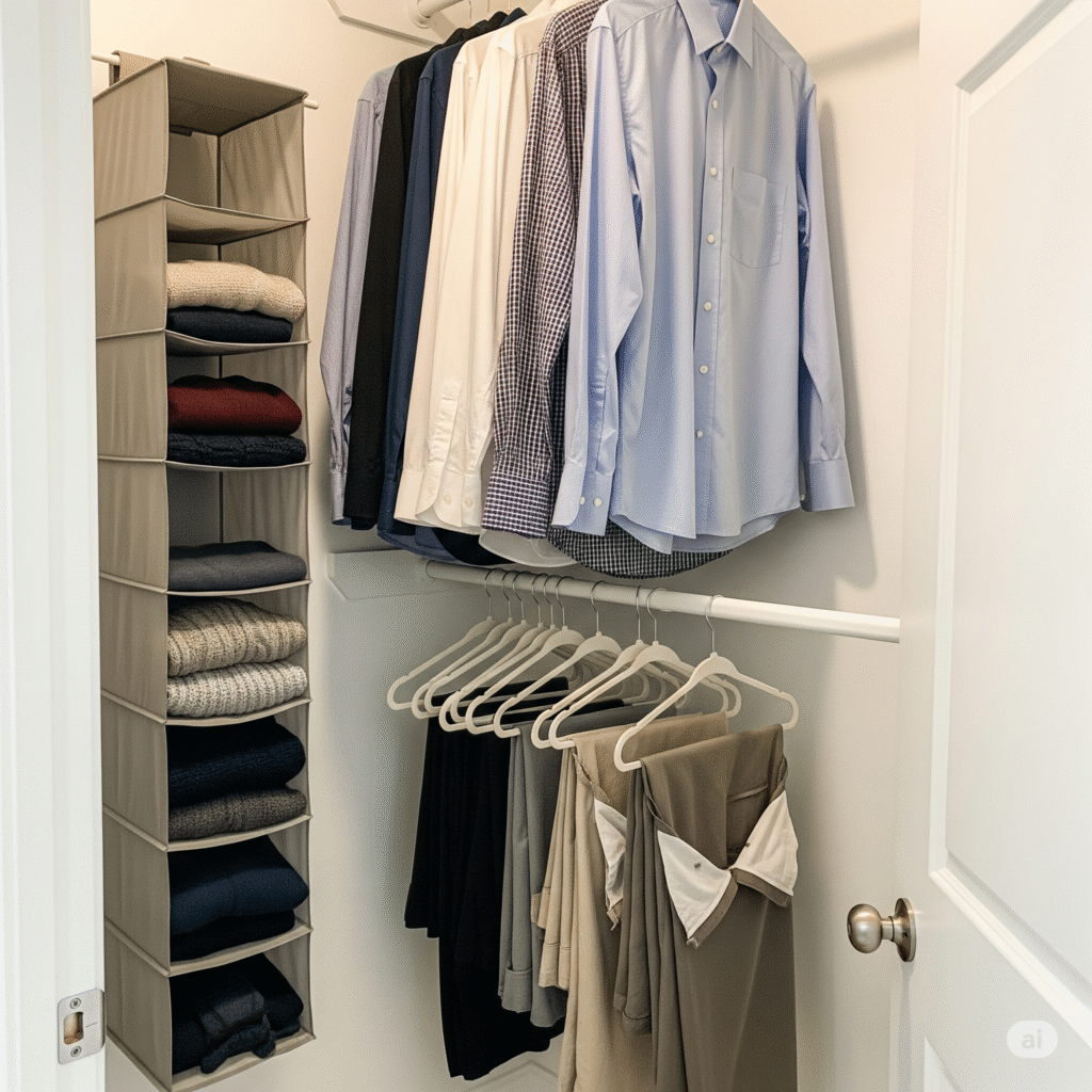 A closet with a newly installed double-hang rod to maximize vertical hanging space.