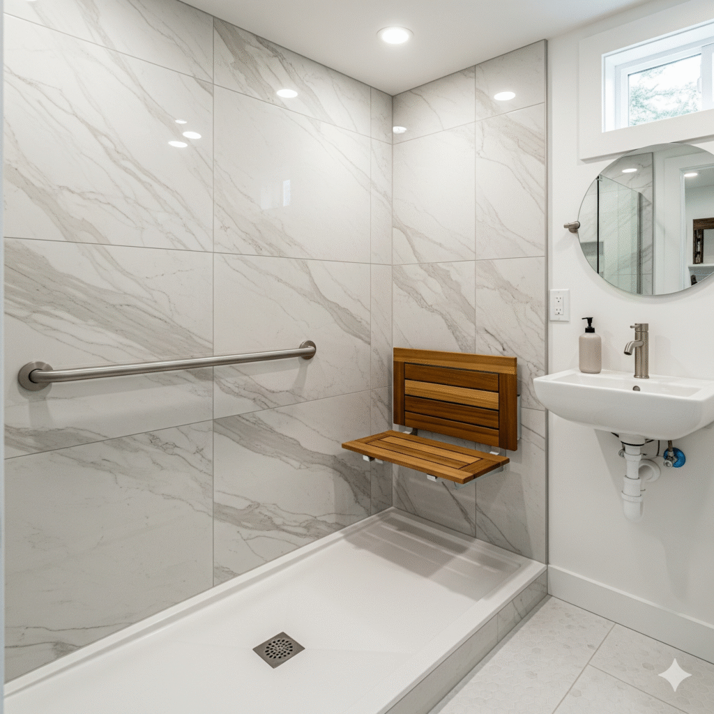 An accessible, zero-threshold walk-in shower in a tiny home designed for seniors.