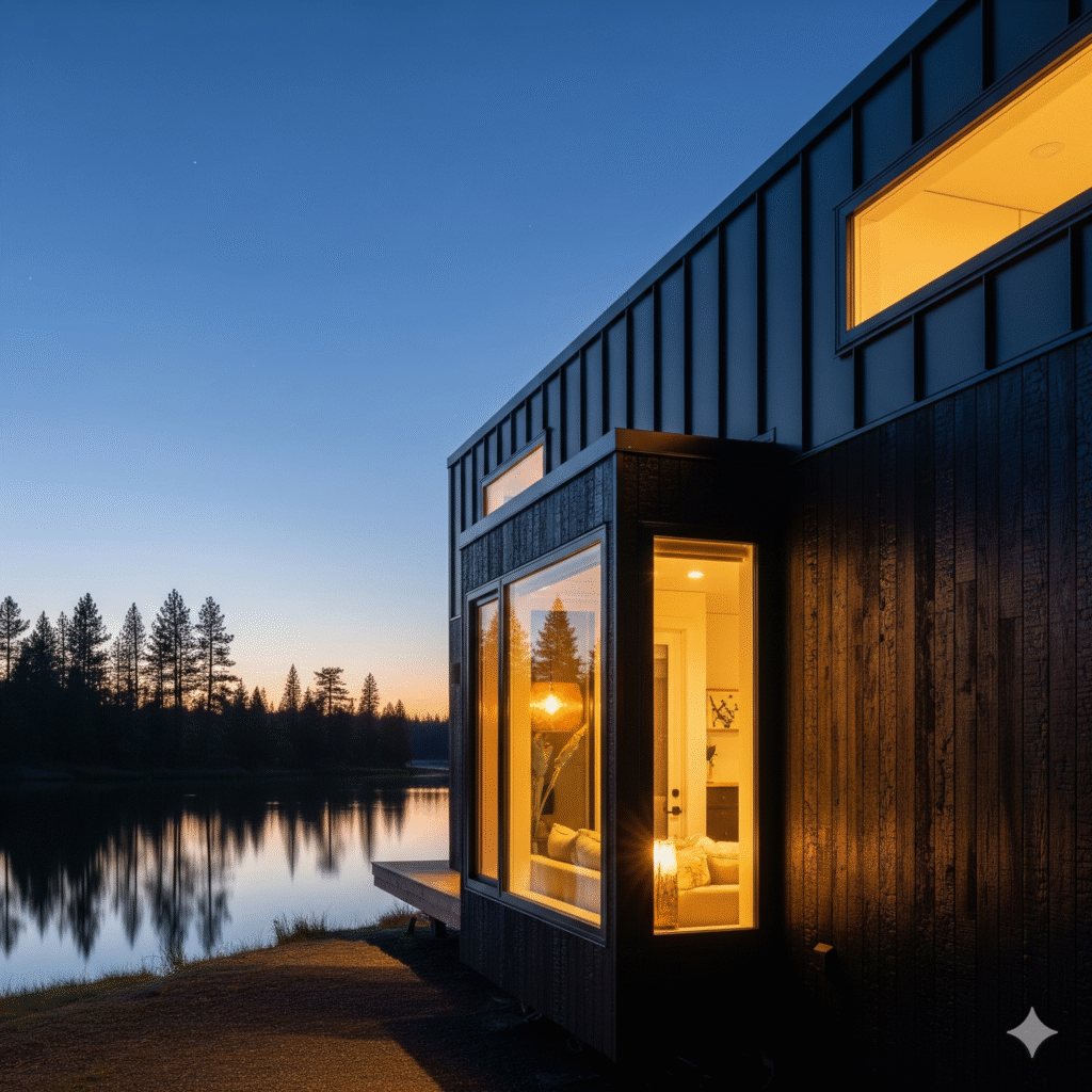 The architecturally stunning exterior of a luxury tiny home at twilight.