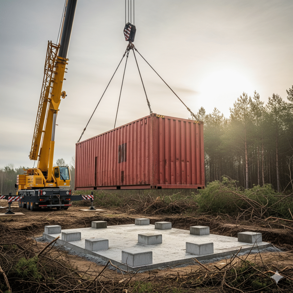 A shipping container being placed on a foundation by a crane at a construction site.