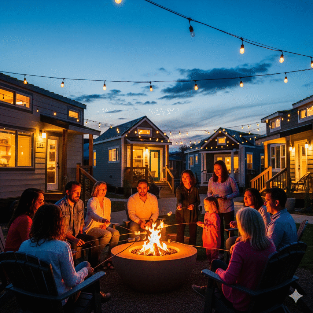 Residents of a tiny house community gathered around a fire pit at dusk.
