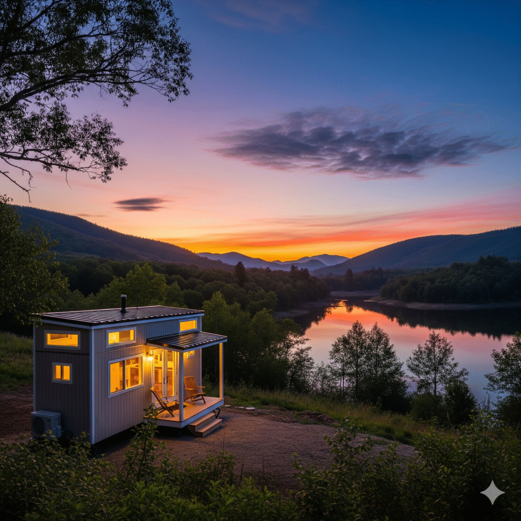 A beautiful tiny house perfectly situated in a serene natural environment at sunset.