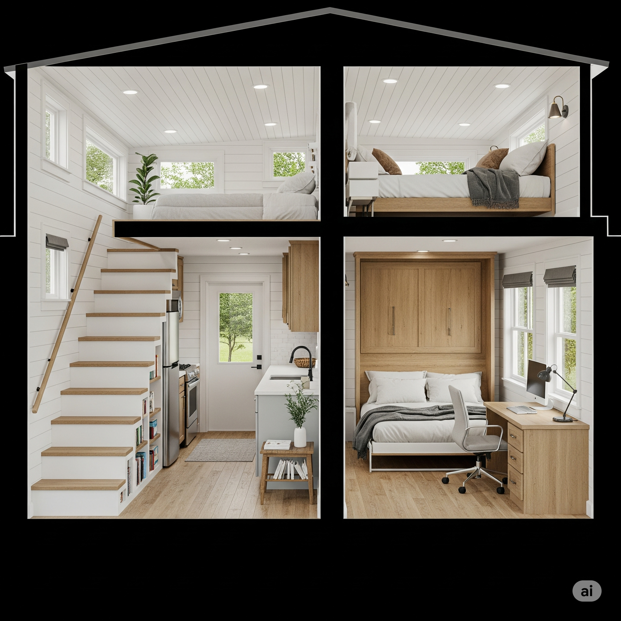 A cutaway illustration showing the clever interior layout of a 400 sq ft tiny house.