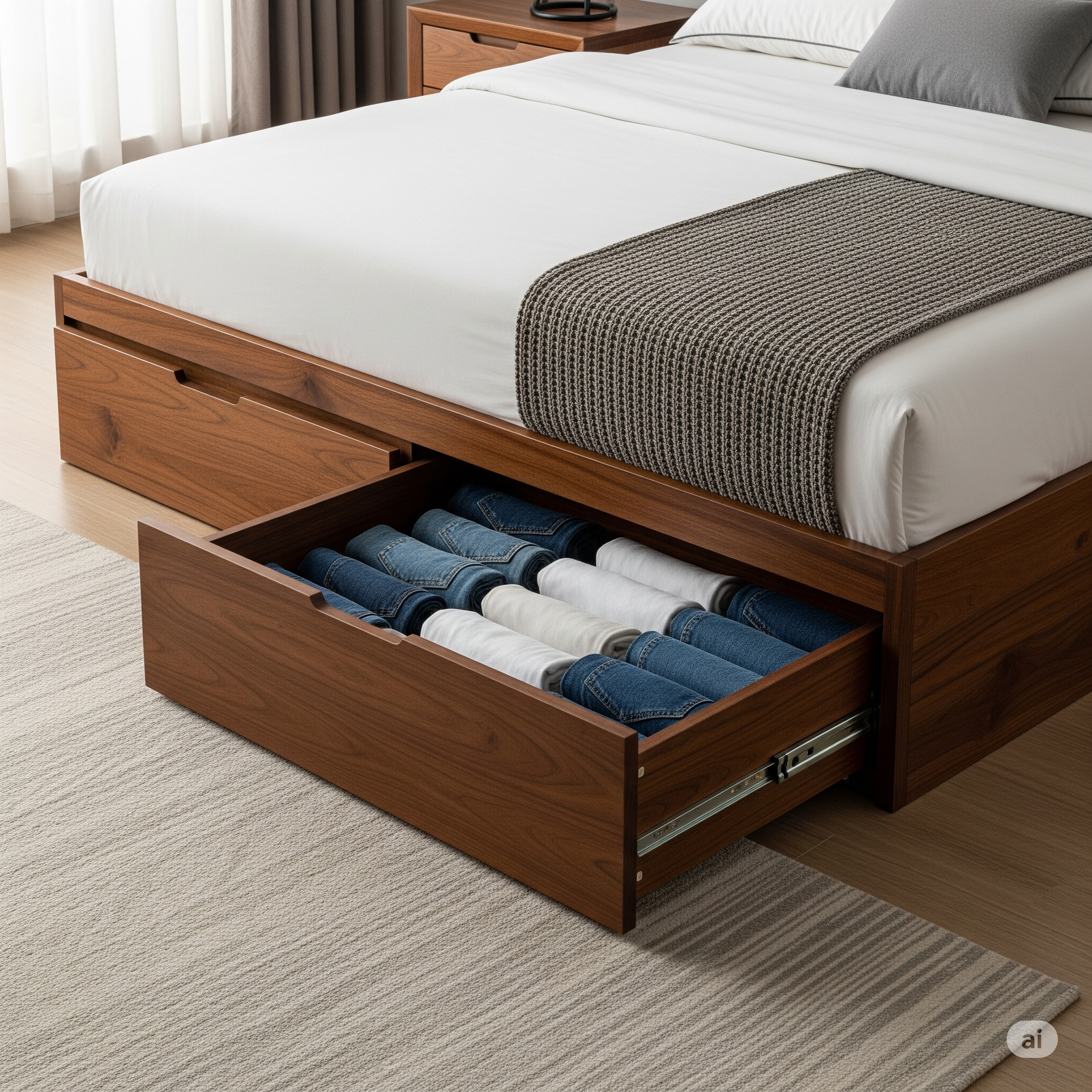 A platform bed with large, integrated drawers for under-bed storage.