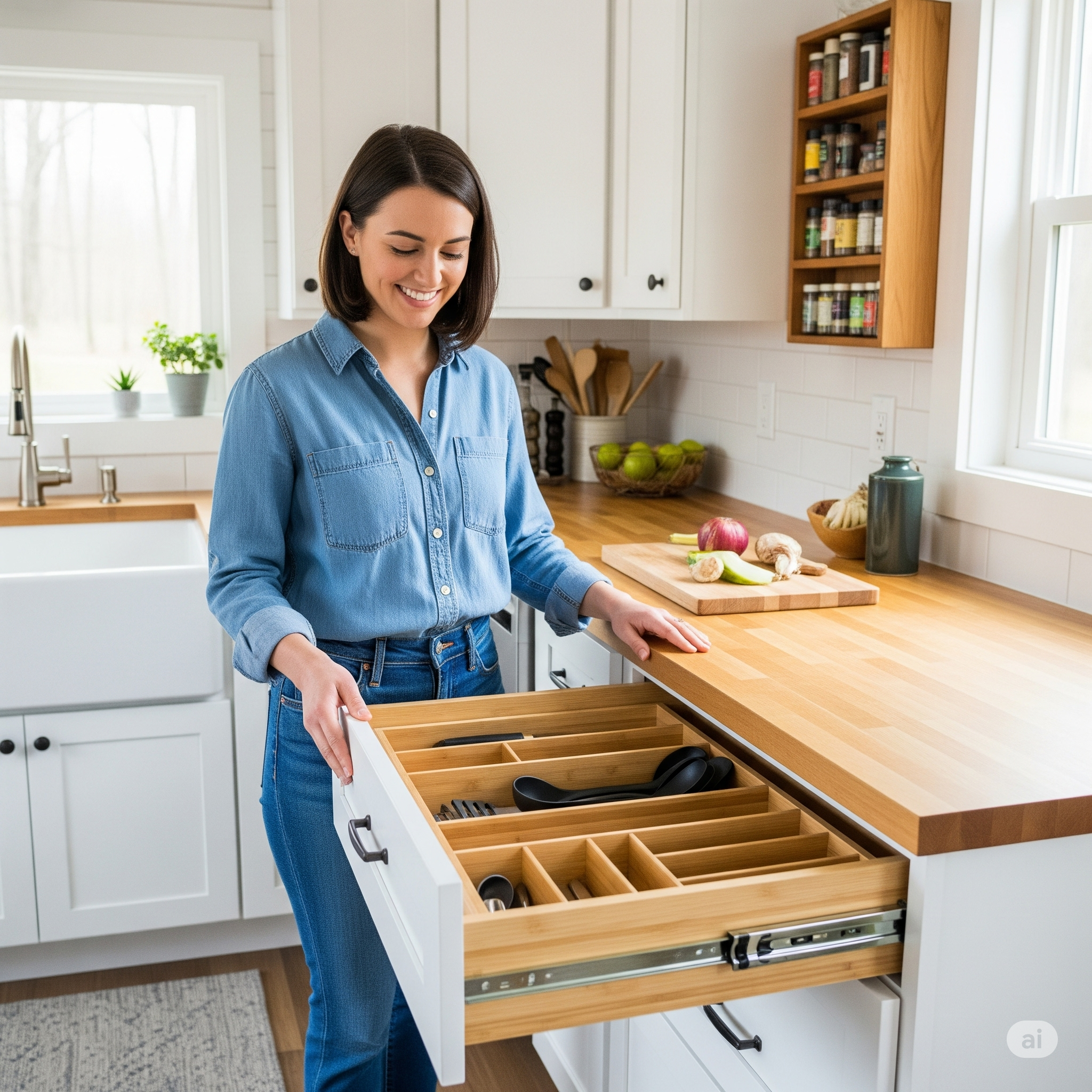A person opening a perfectly organized drawer in a beautiful tiny house kitchen.