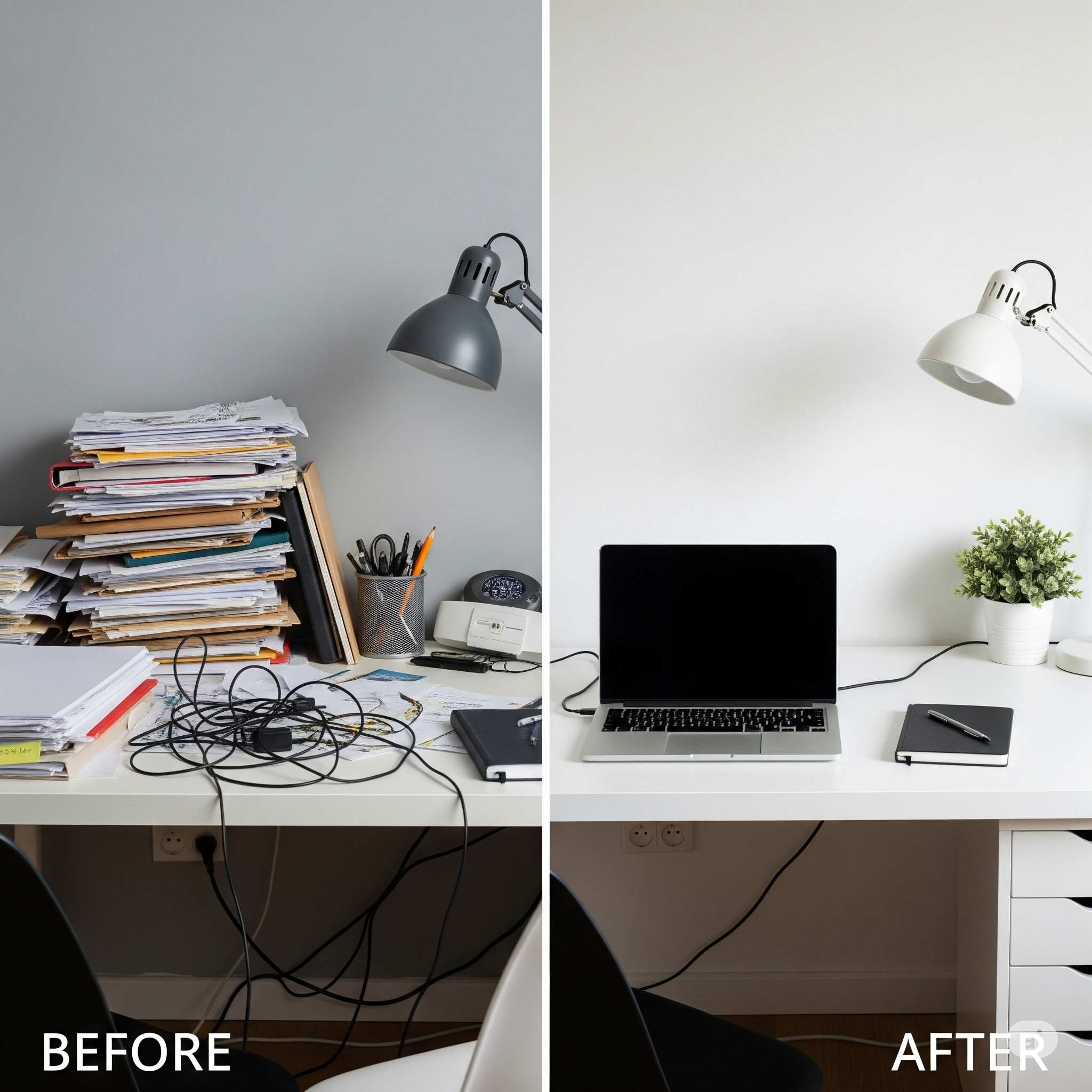 A before and after comparison of a cluttered desk becoming clean and organized.