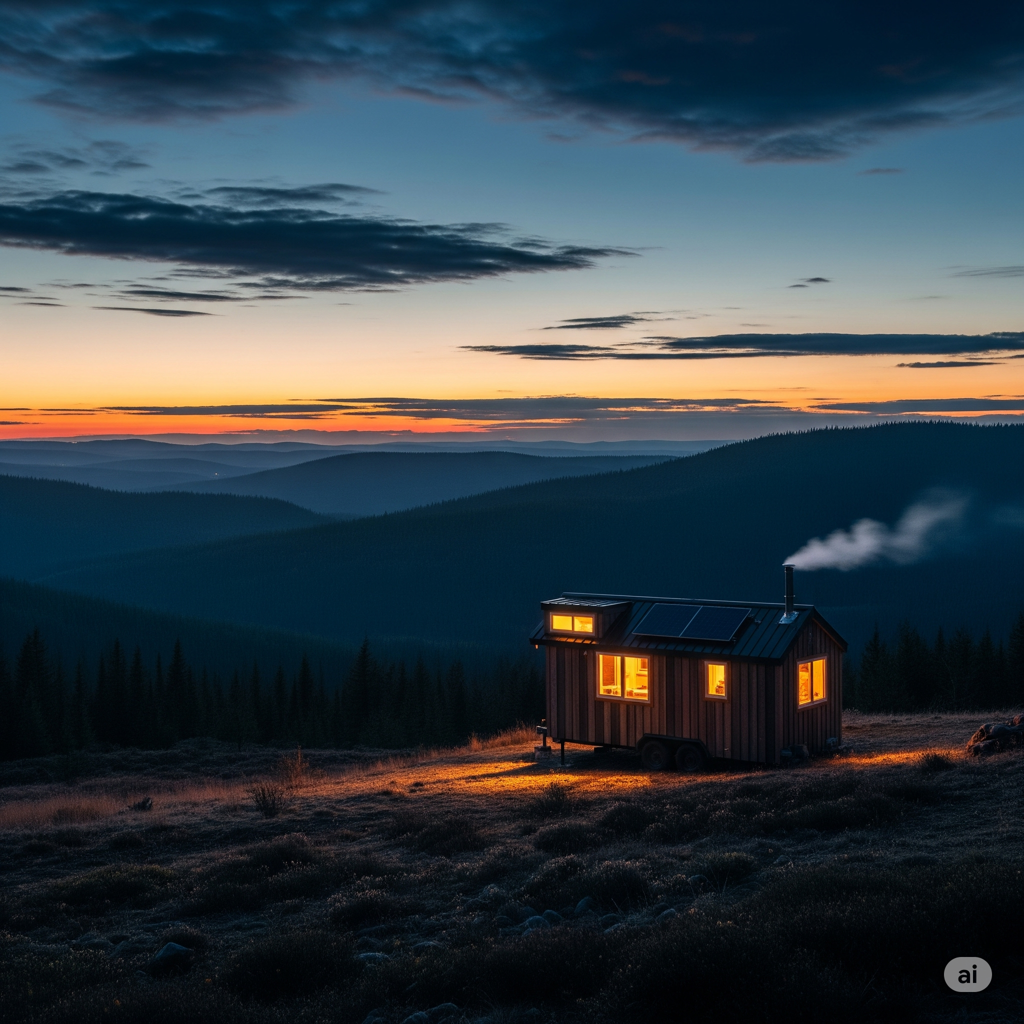 A secluded off-grid tiny home glowing at dusk in a wilderness setting.