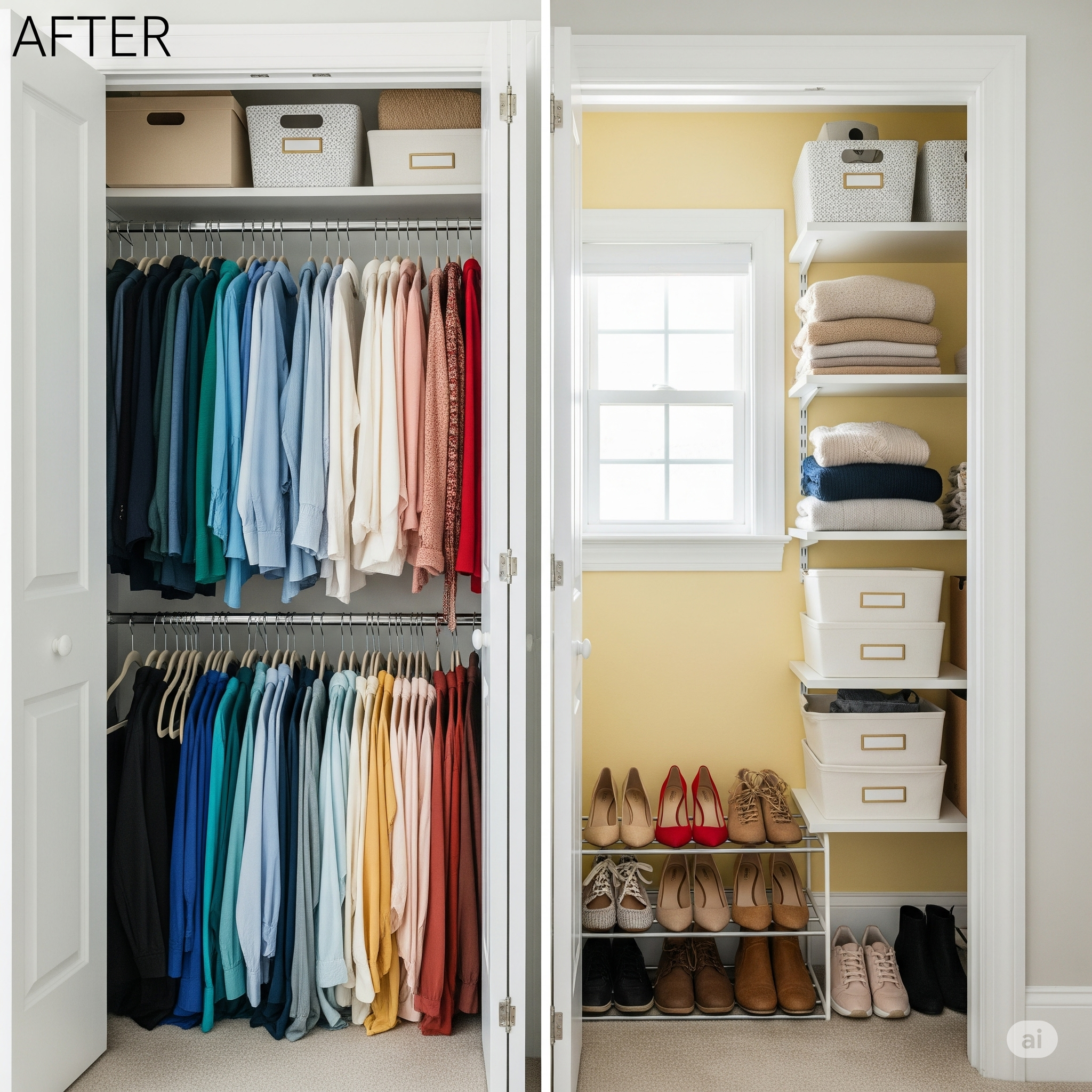 A perfectly organized small closet after a successful makeover.