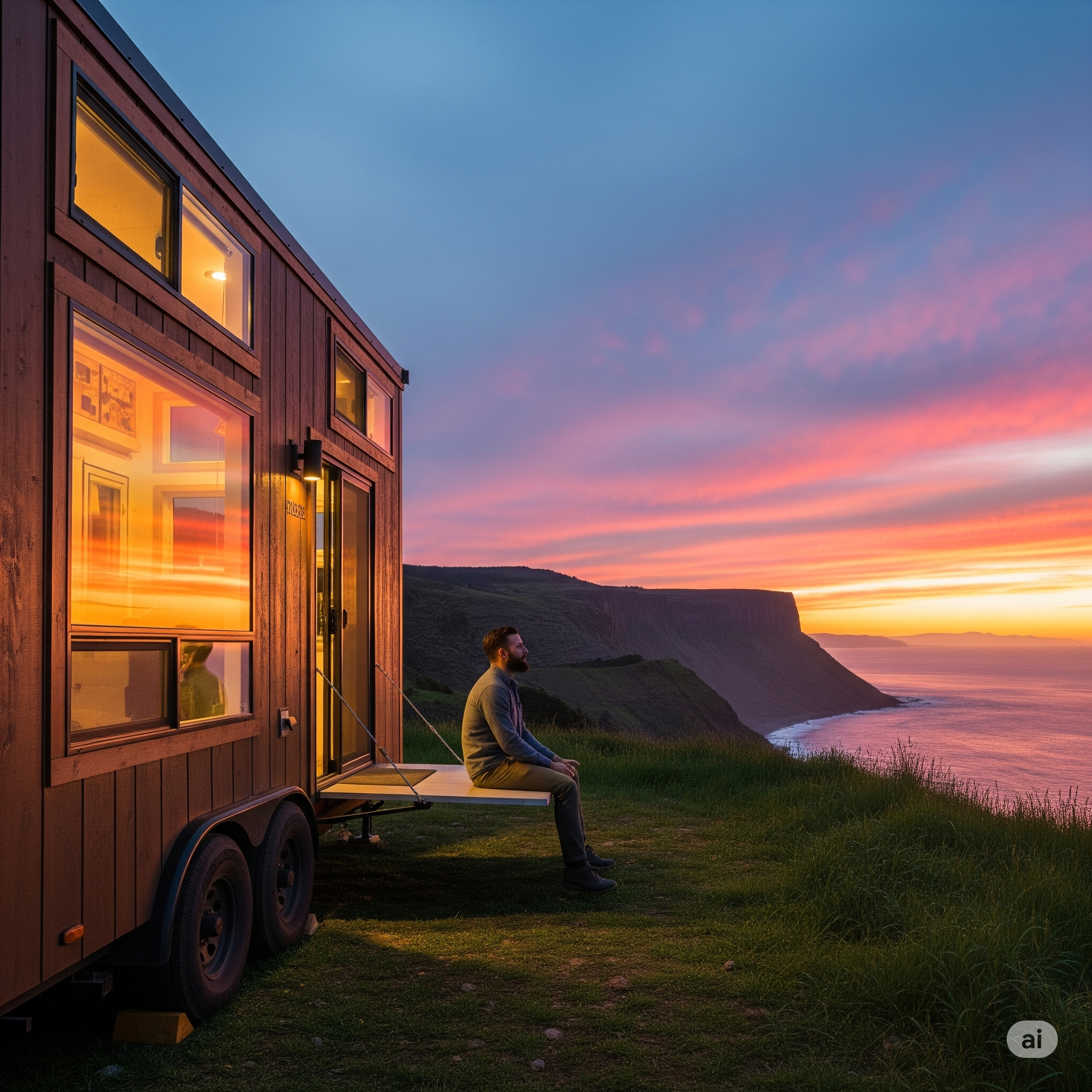 A tiny house on wheels parked at a stunning scenic overlook at sunset.