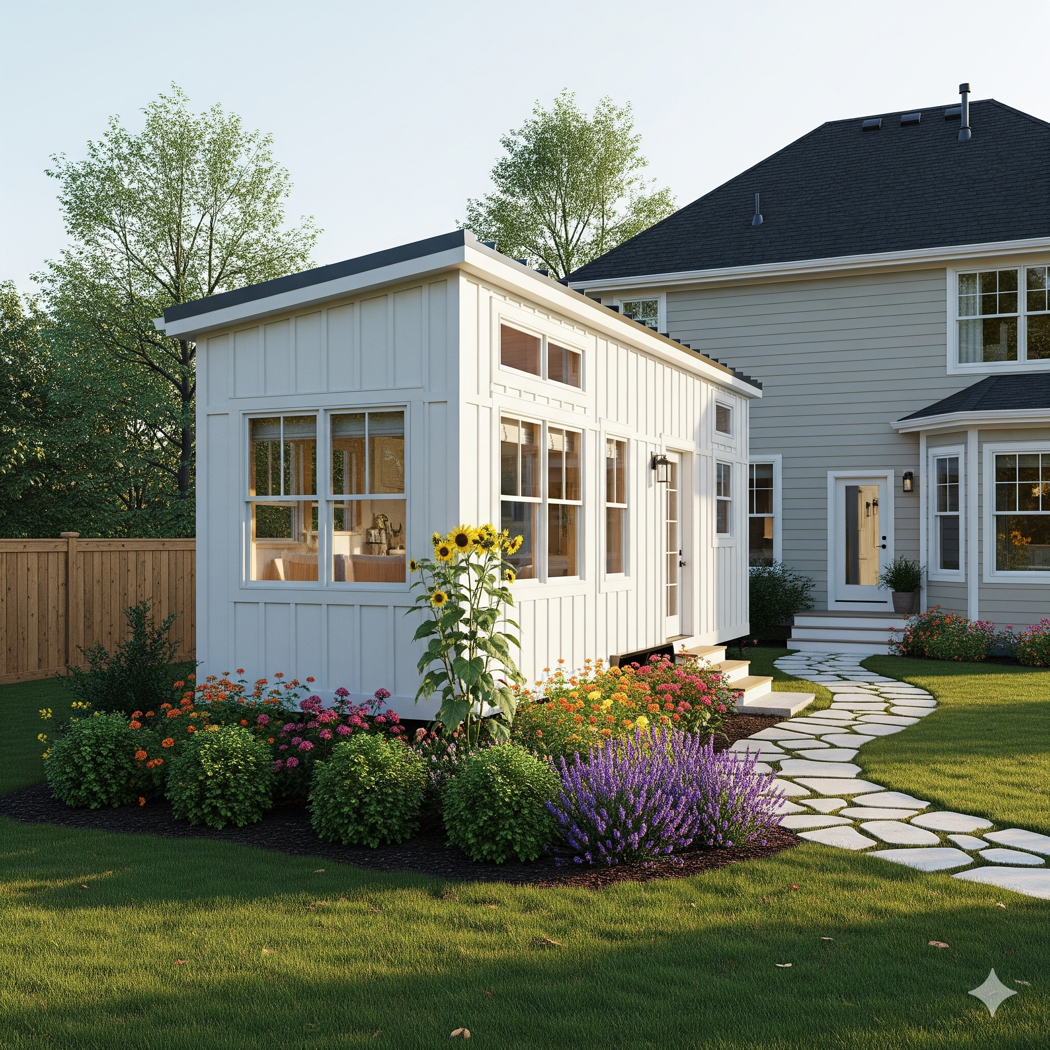 A beautiful, legally permitted tiny house in a residential backyard.