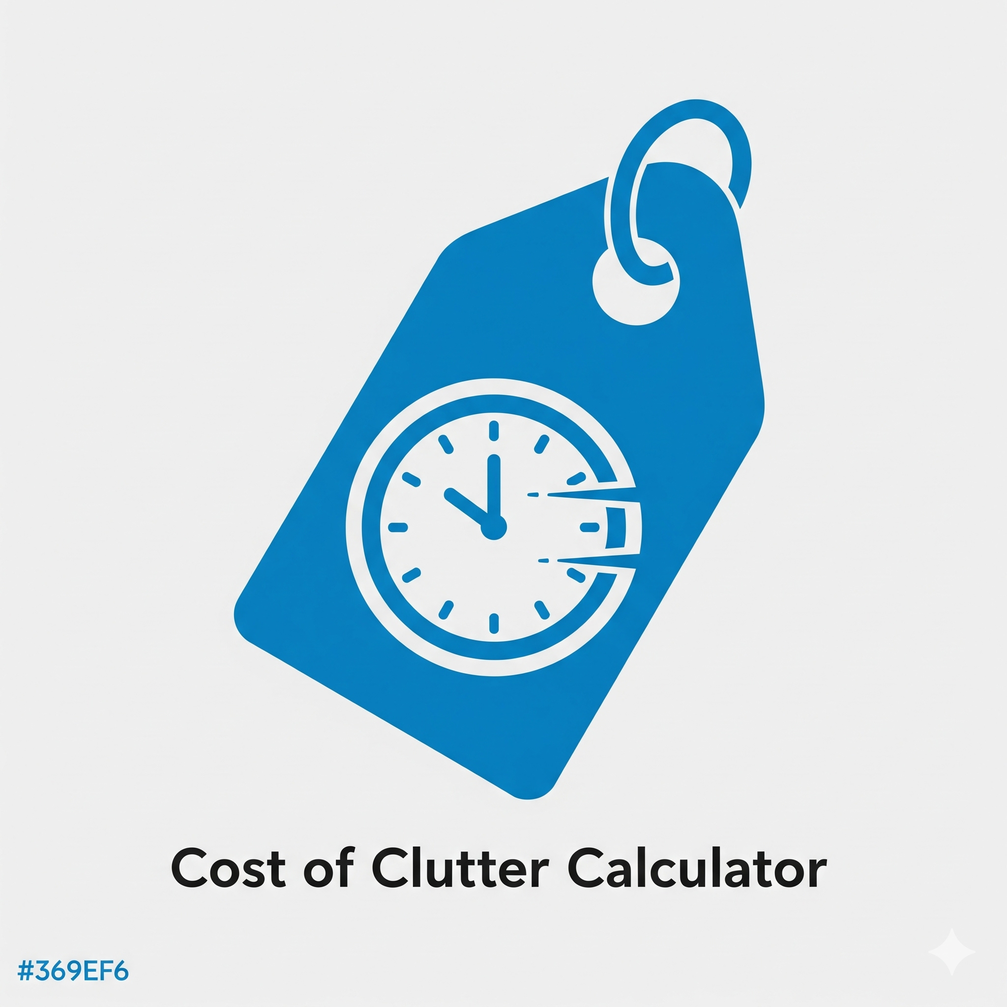 Logo for the Cost of Clutter Calculator, showing a price tag with a clock inside.