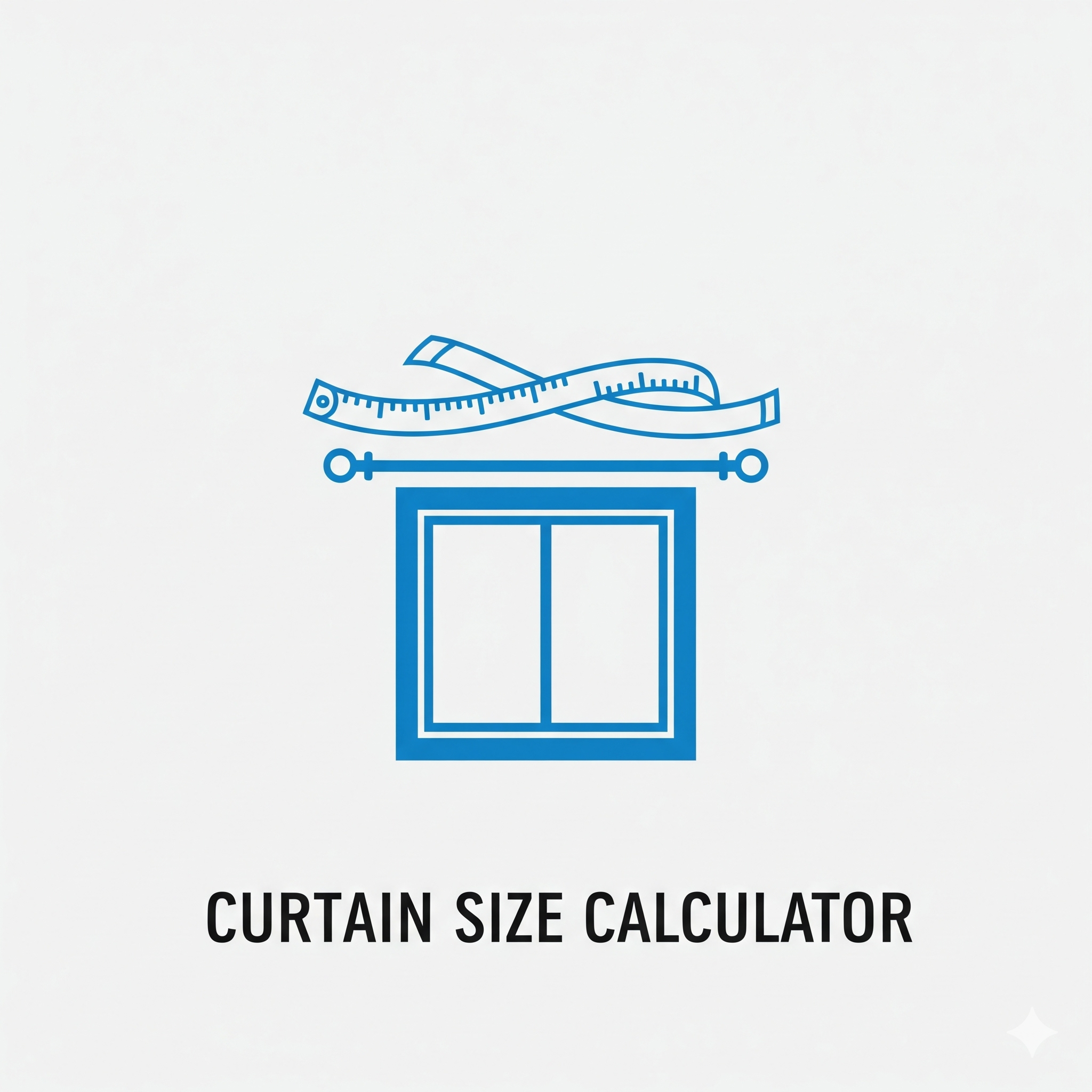 Logo for the Curtain Size Calculator, showing a window, curtain rod, and a measuring tape.