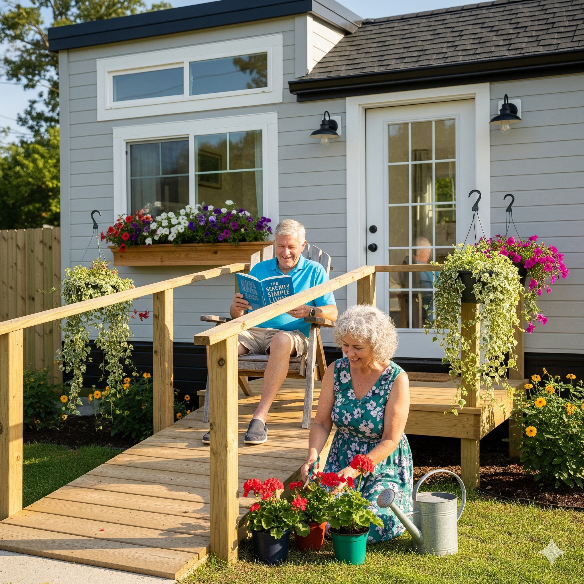 A happy senior couple relaxing on the accessible porch of their tiny home.