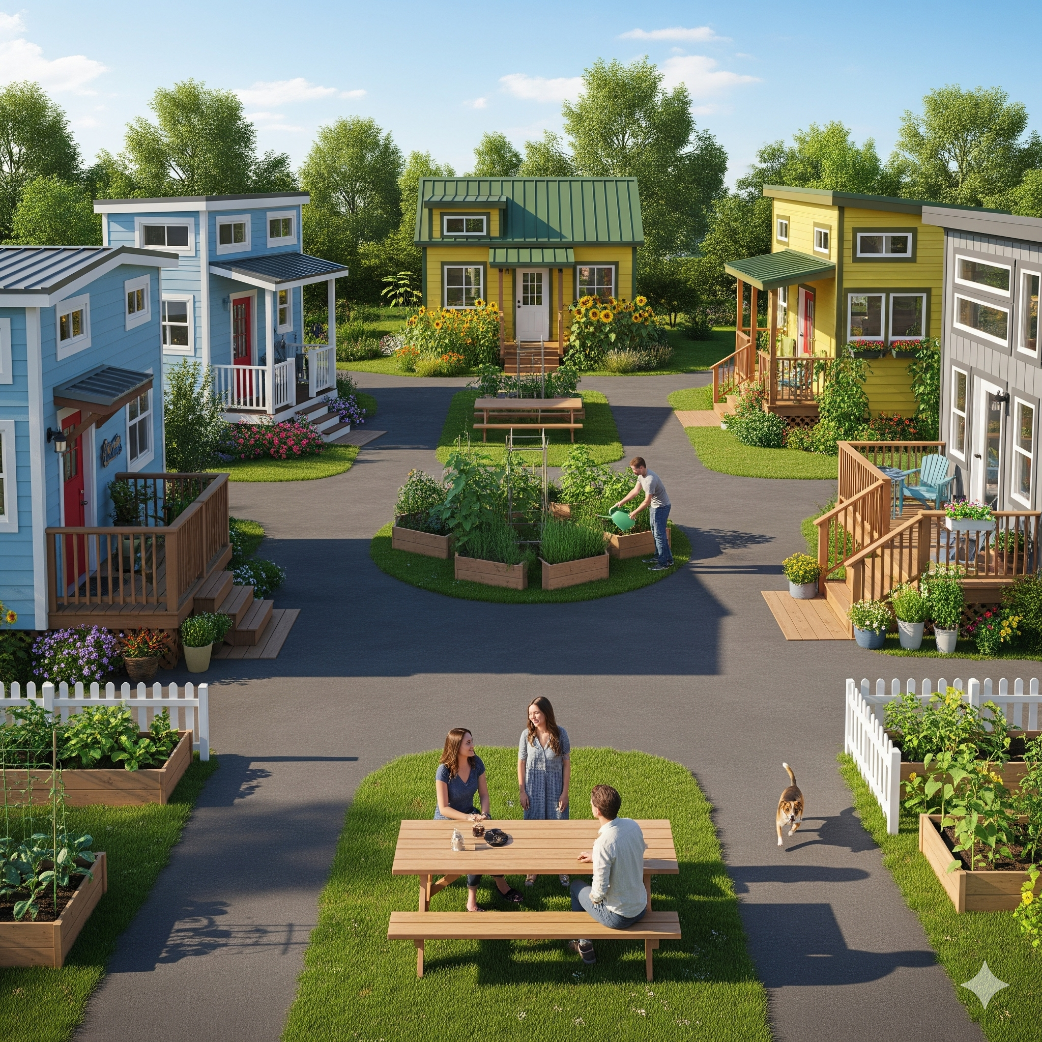 A sunny day in a vibrant tiny house community with multiple homes and a shared green space.
