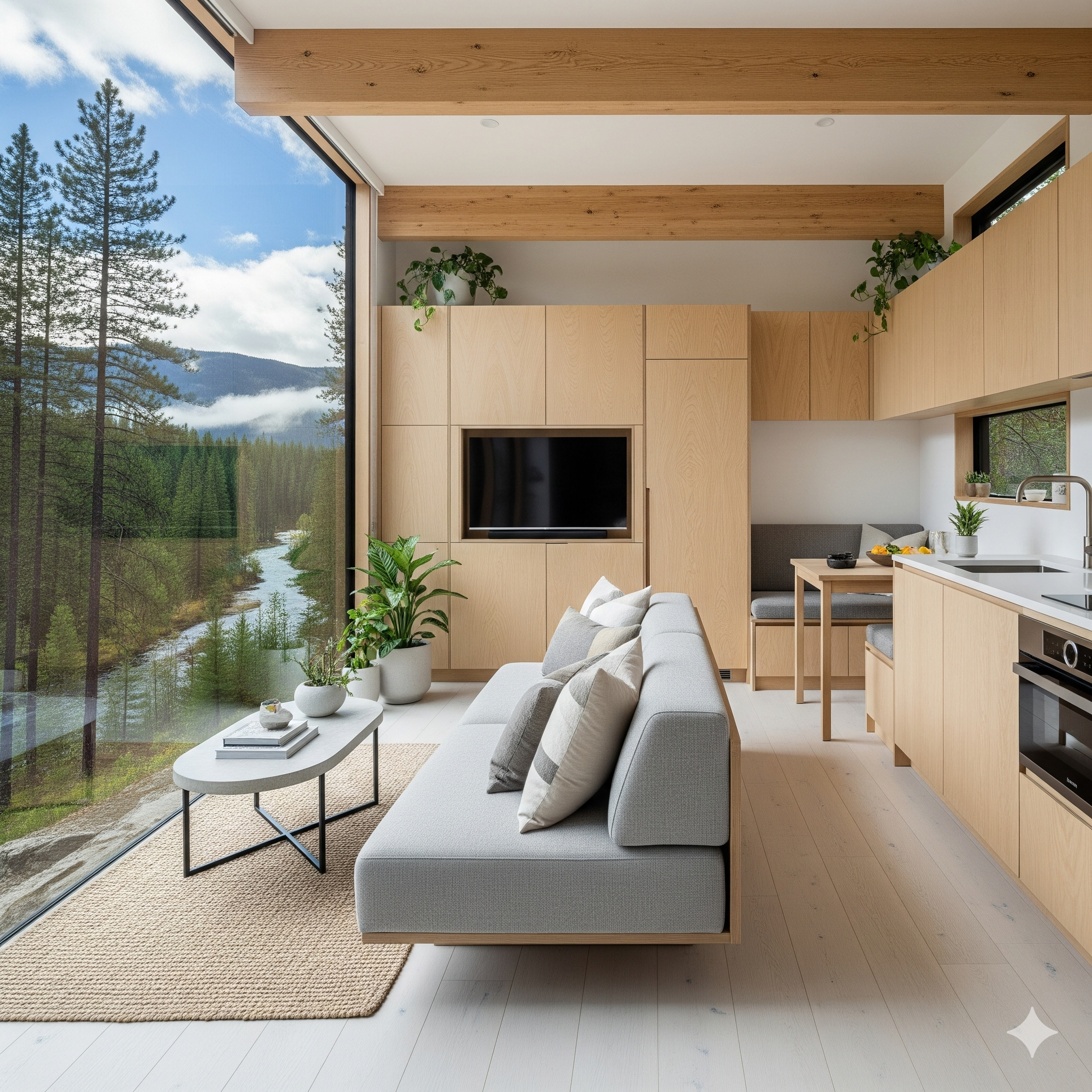 The luxurious and modern interior of a high-end tiny home with a large glass wall.