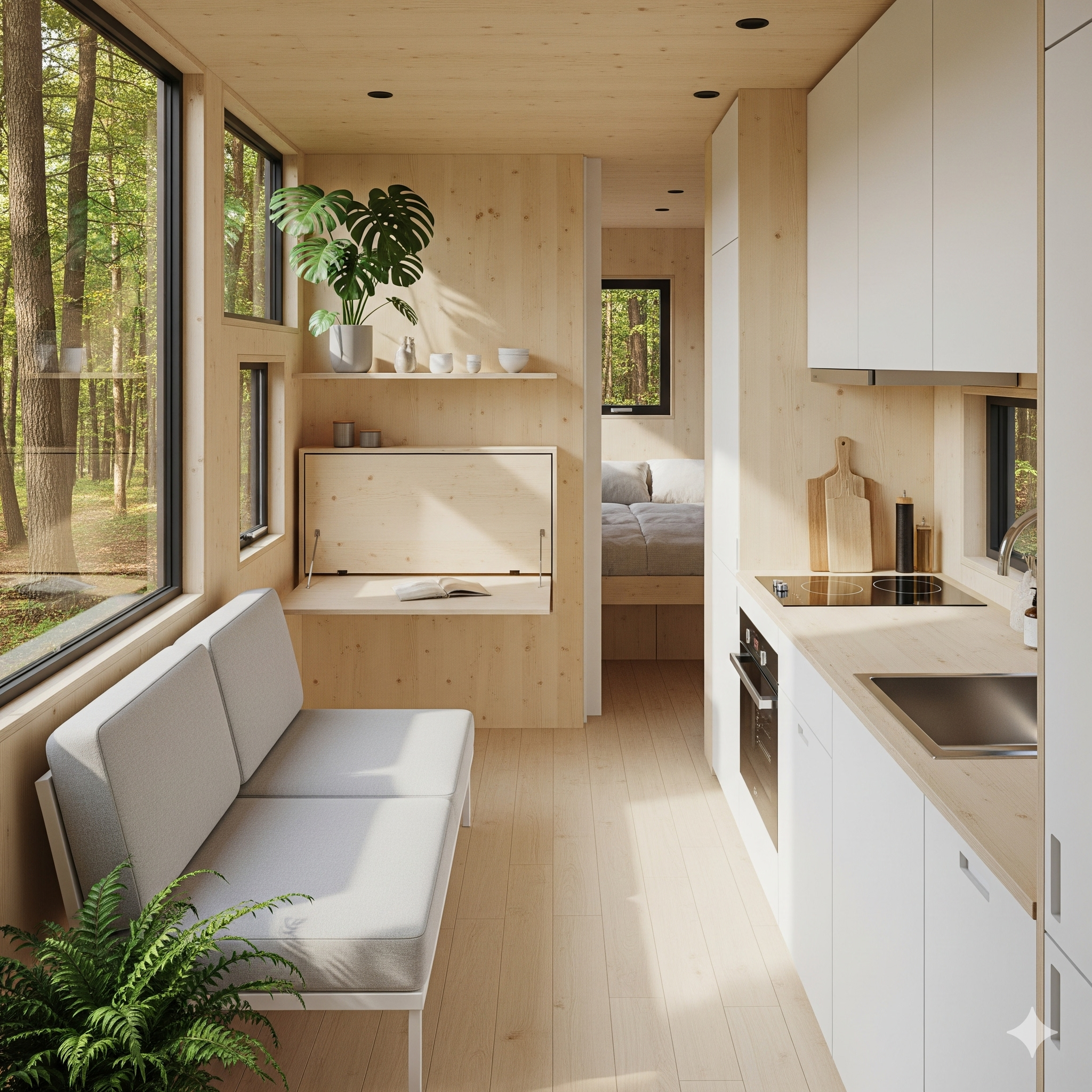 A bright and airy modern tiny home interior with large windows and light wood finishes.