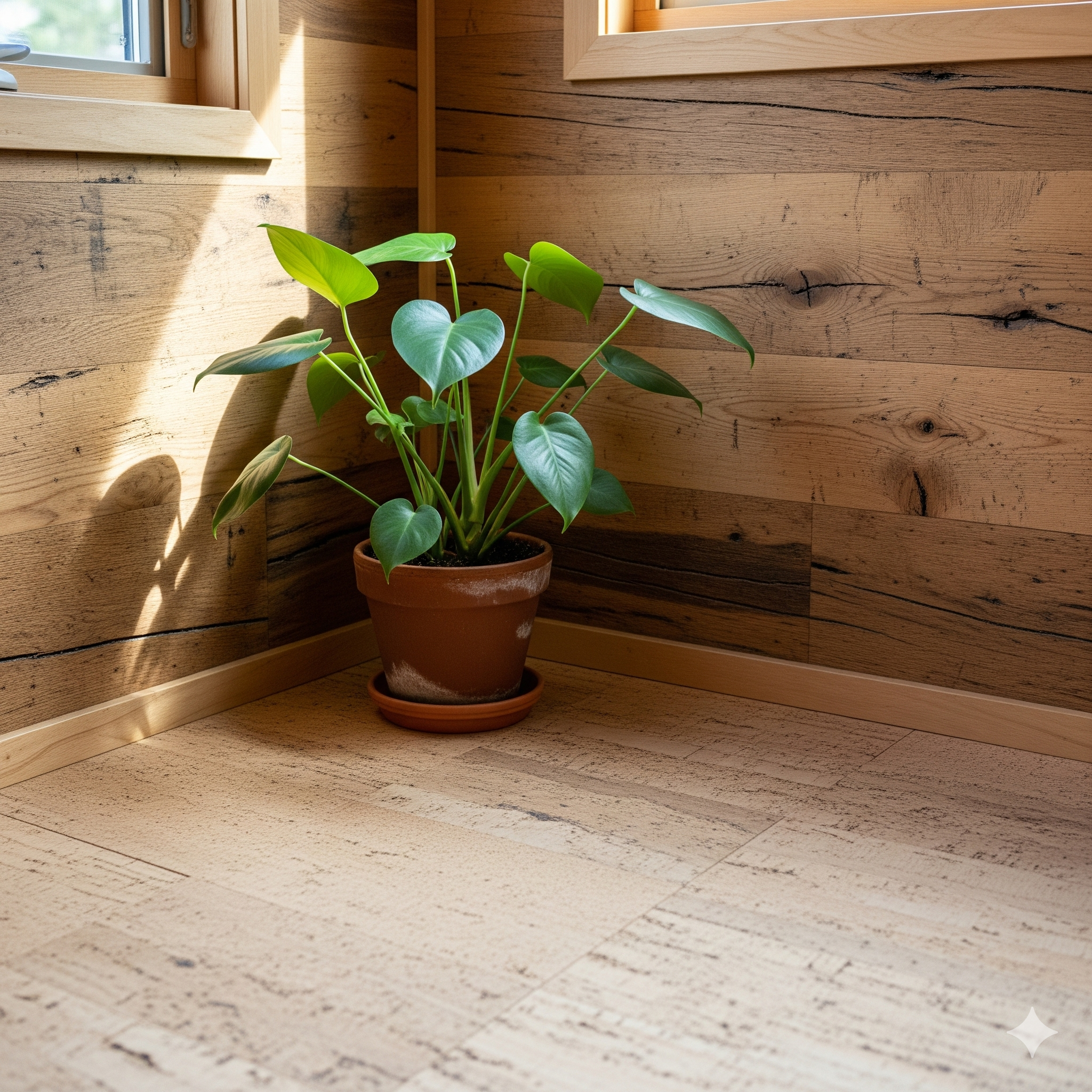 A close-up of sustainable materials like reclaimed wood and cork flooring in a tiny home.