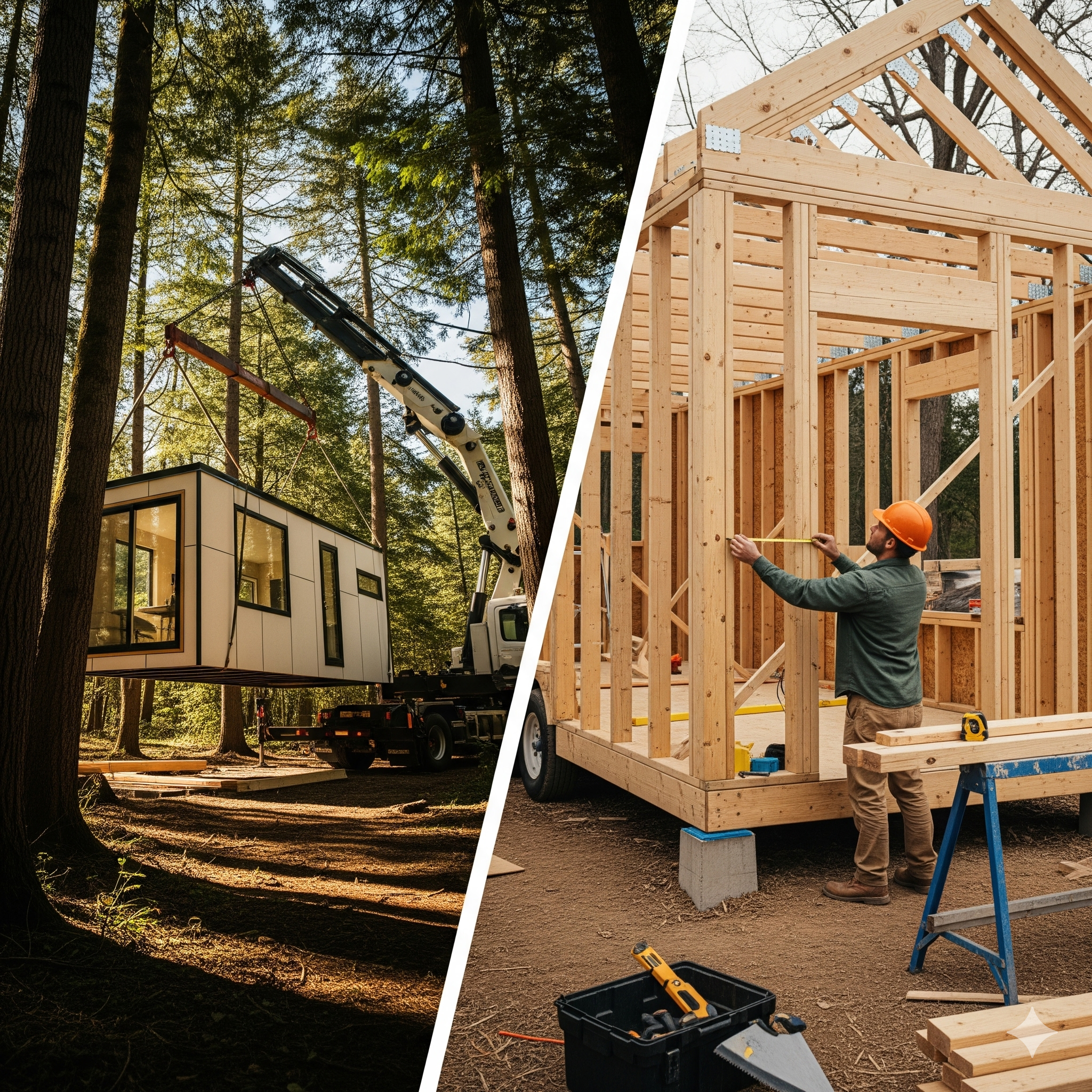 A split image showing a prefab tiny home being delivered and a custom tiny house under construction.